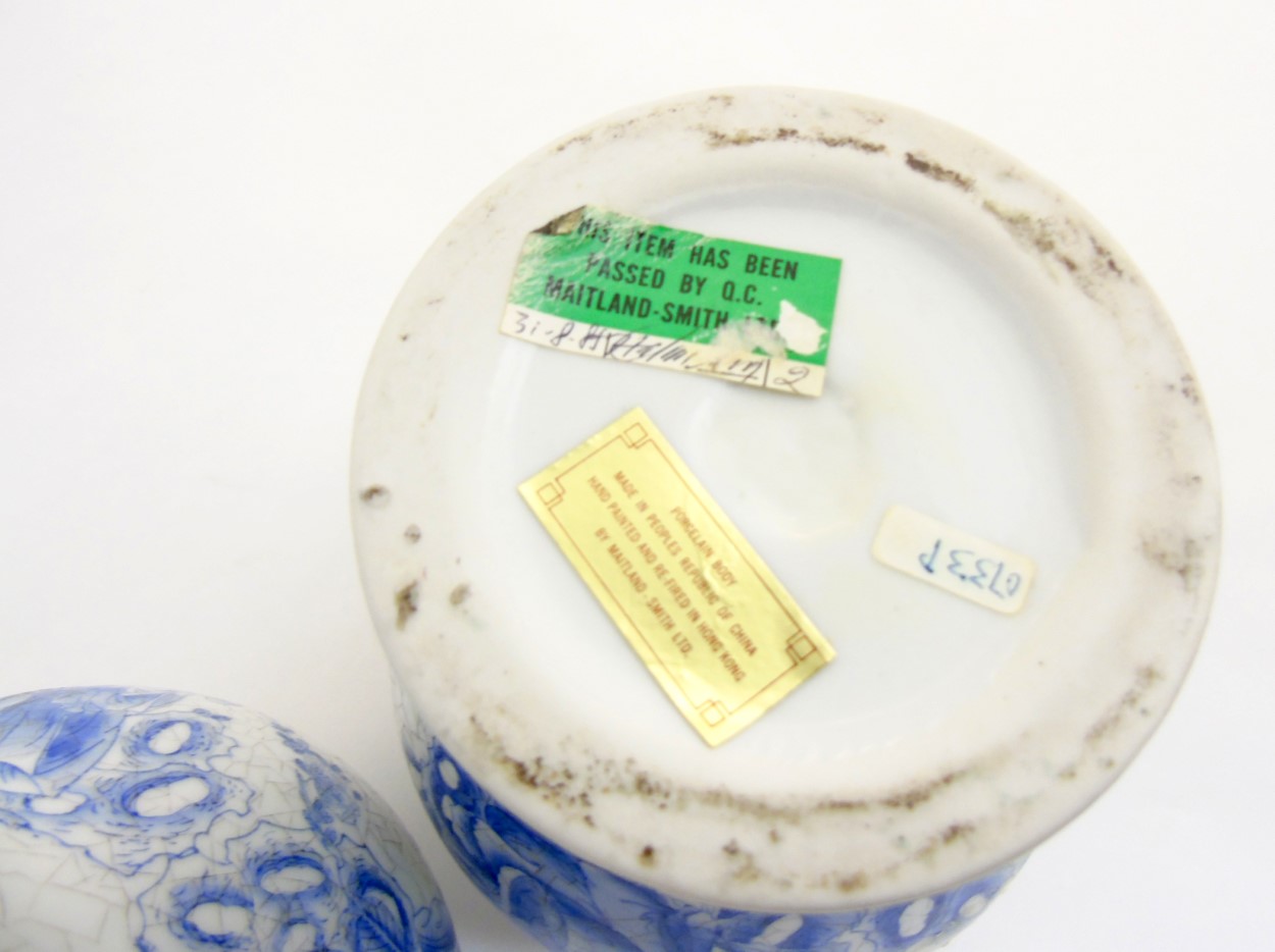 A pair of Maitland Smith blue and white oriental lidded vases with craquelure style decoration, - Image 8 of 9