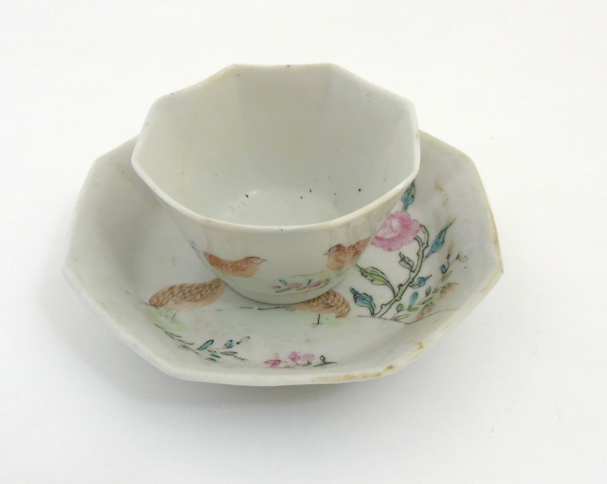 A Chinese Famille Rose octagonal cup and saucer depicting partridges amidst peonies on white ground, - Image 5 of 7