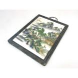 A Small Chinese ceramic screen in wooden surround, depicting figures,