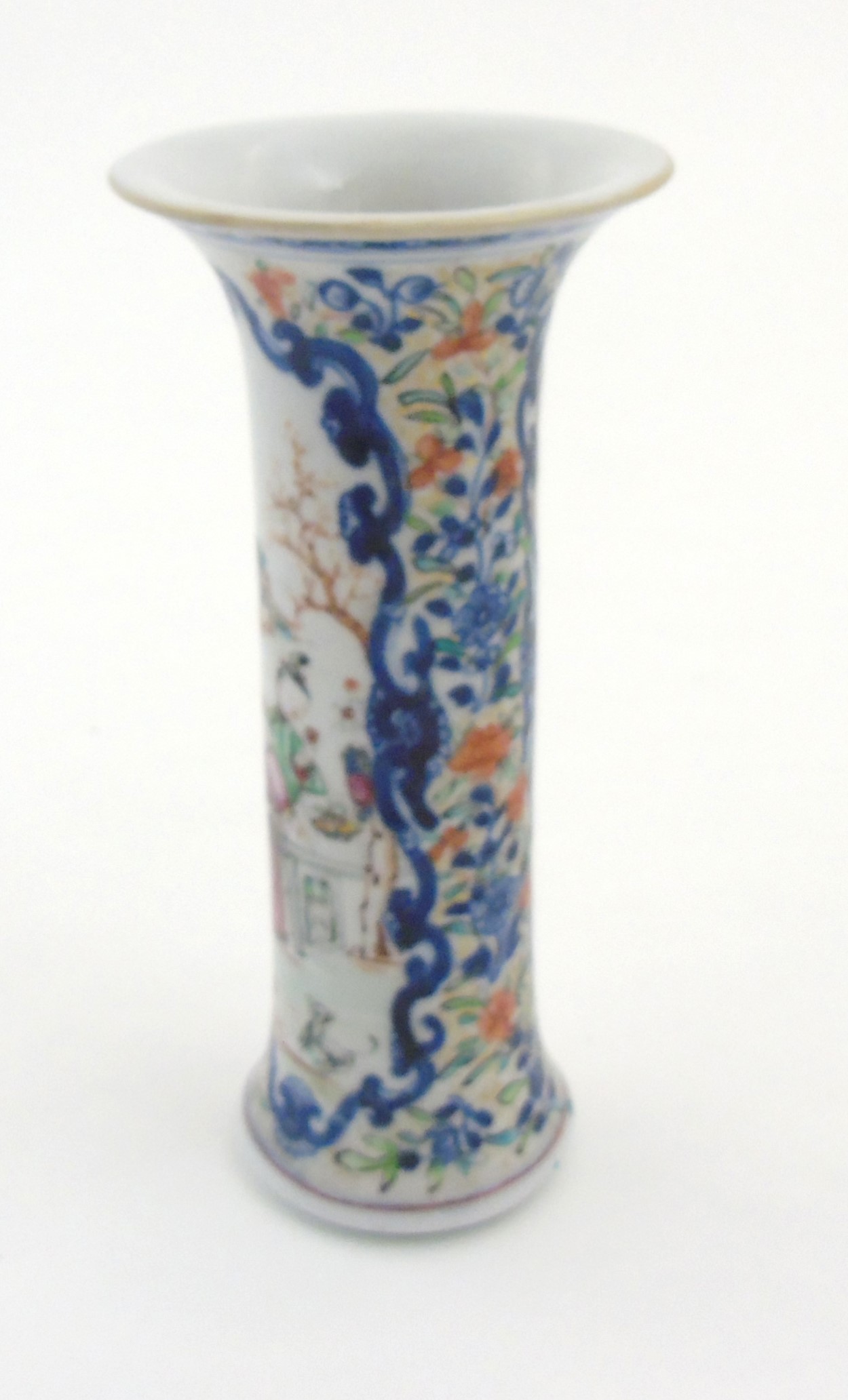 A Chinese Famille Rose vase of tall cylindrical form with flared rim, - Image 4 of 6