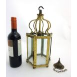 Small hall lantern : a mid 20thC hexagonal electric pendant hall lamp with hanging hook,