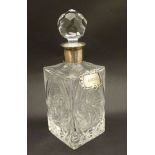 H M Silver and Lead Crystal Decanter with HMS bottle tag : a moulded and cut lead crystal squared