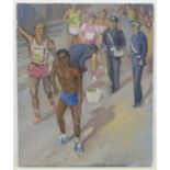 Indistinctly signed XX English School, Oil on canvas, Runners and officials at the end of a race,