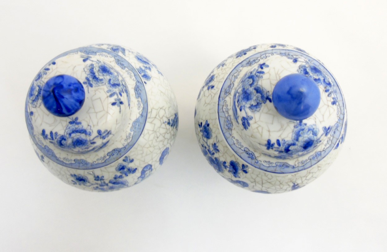 A pair of Maitland Smith blue and white oriental lidded vases with craquelure style decoration, - Image 5 of 9