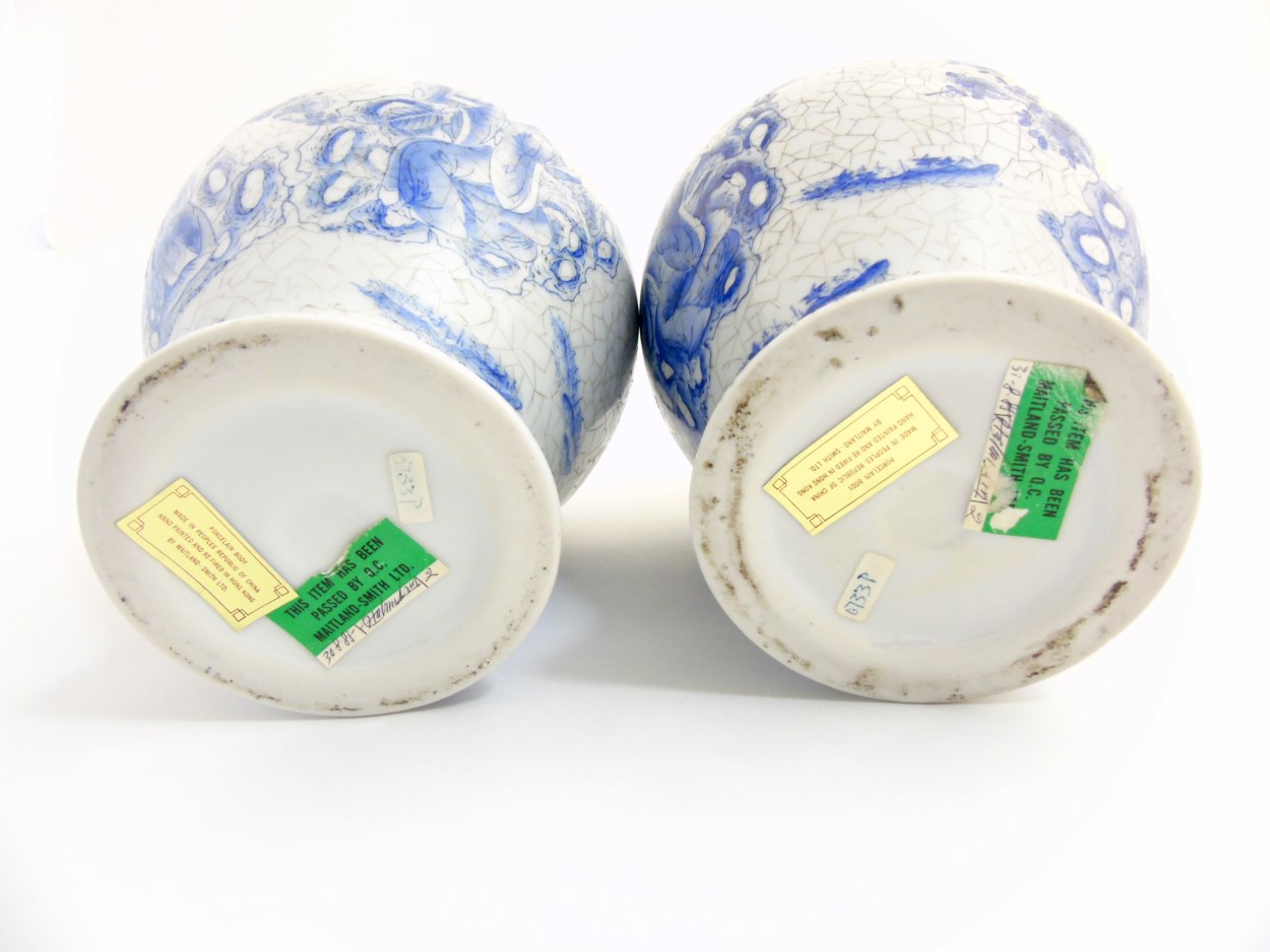 A pair of Maitland Smith blue and white oriental lidded vases with craquelure style decoration, - Image 6 of 9