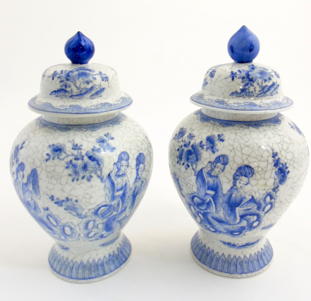 A pair of Maitland Smith blue and white oriental lidded vases with craquelure style decoration, - Image 3 of 9