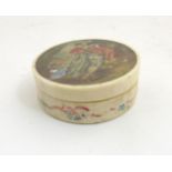 18thC Ivory Patch Box : a hand painted circular lidded dressing table box with image to top of a