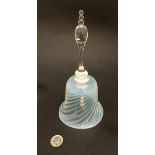 A Vaseline glass bell with clear glass handle,