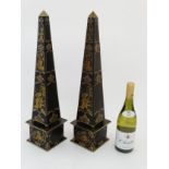 A pair of 21st Toleware obelisks with Chinoiserie decoration standing 21 7/8" high