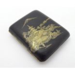 An mid 20thC Japanese Amita cigarette case with damascene style decoration depicting landscape with