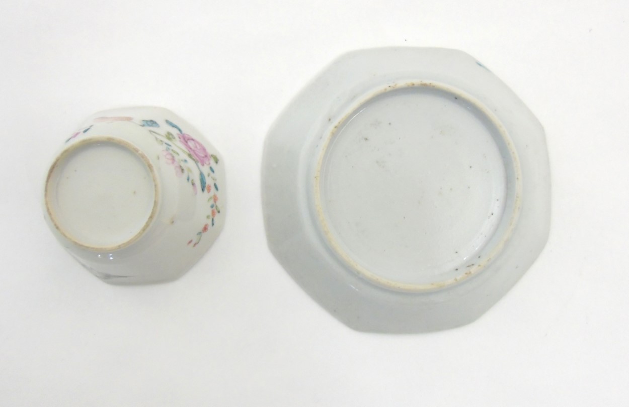 A Chinese Famille Rose octagonal cup and saucer depicting partridges amidst peonies on white ground, - Image 3 of 7