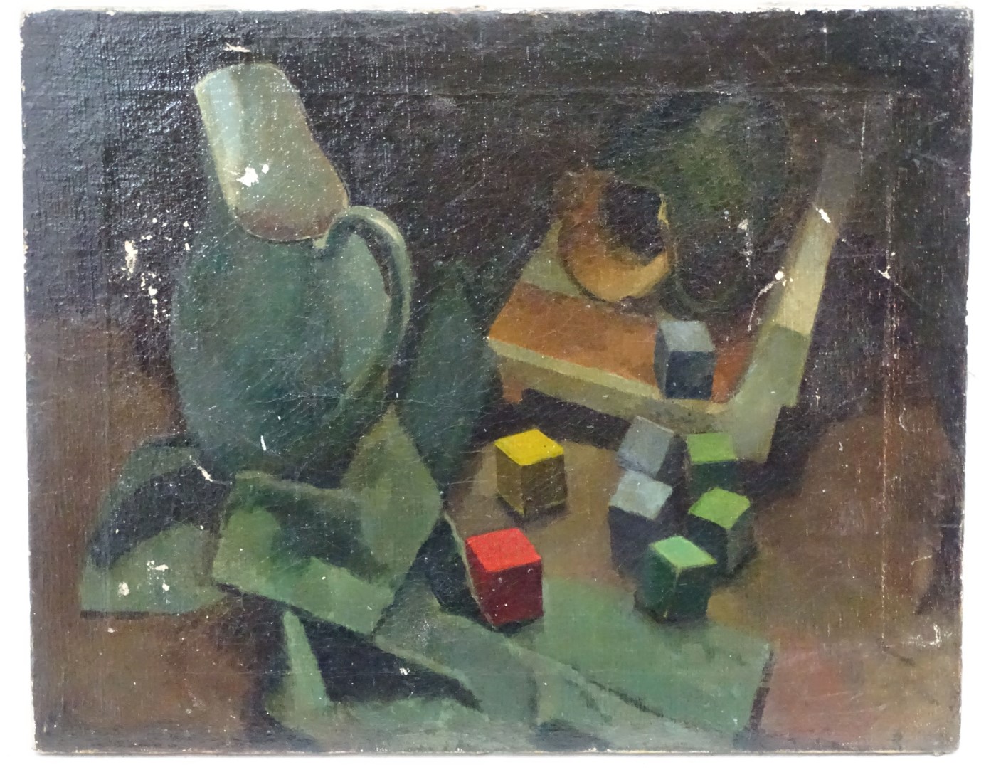 English School, circa 1930, Oil on canvas, A still life, comprising of two jugs ,cubes etc.