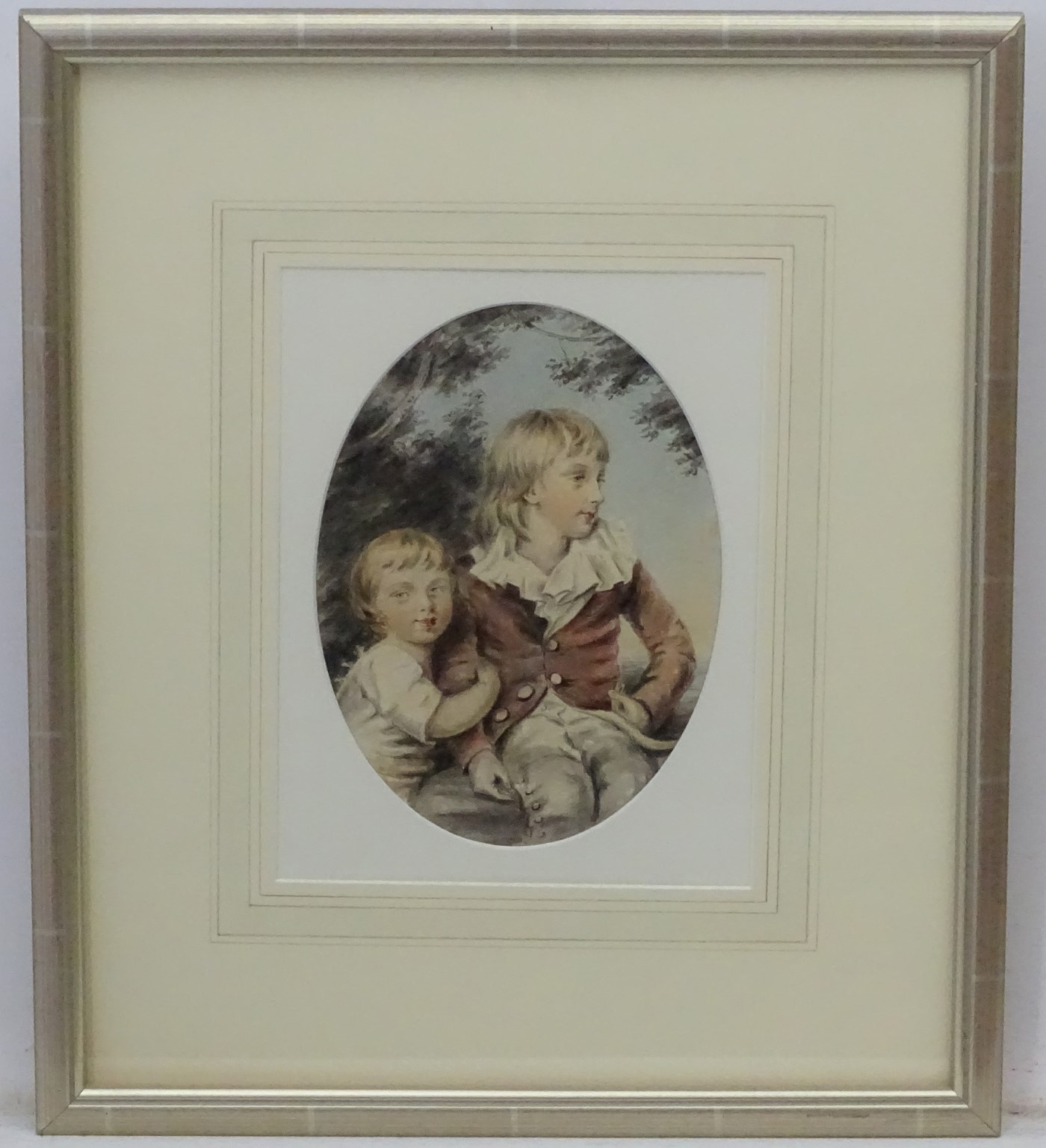 Follower of Joshua Reynolds (XIX) Watercolour - an oval Young boy and his sister 9 1/4" x 6 3/4"