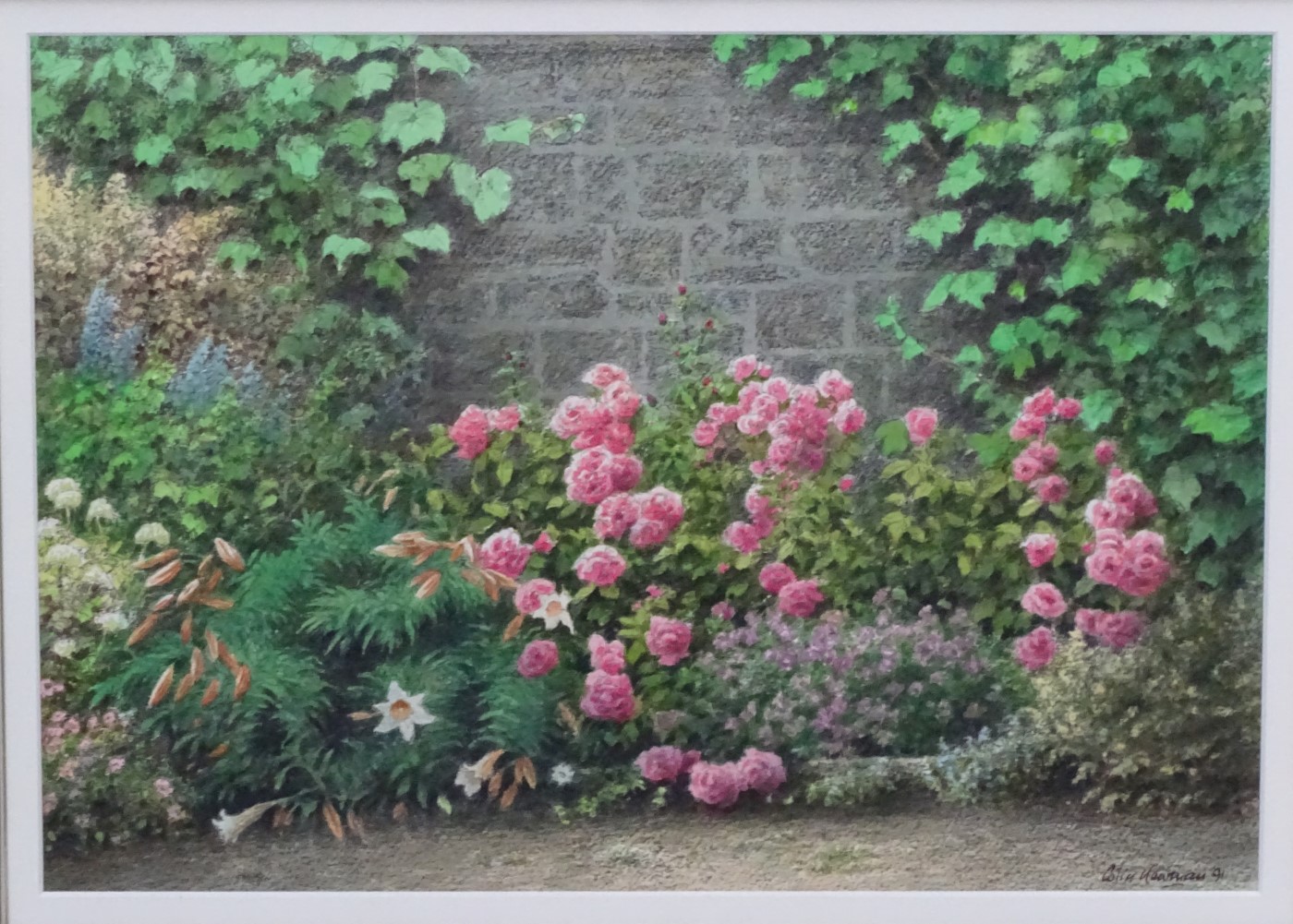 Colin Newman (1991), Watercolour pastel and pencil. Roses and lilies in a flower bed. - Image 3 of 4