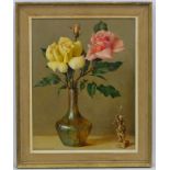 KE Wootton XIX-XX, Oil on board, Still life of roses in a Loetz vase with Okimono,