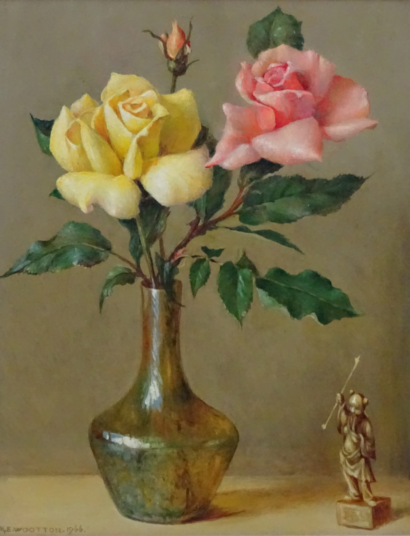 KE Wootton XIX-XX, Oil on board, Still life of roses in a Loetz vase with Okimono, - Image 4 of 5