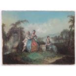 Manner of Watteau , XVIII-XIX French Oil on canvas, Pierrot and figures in a garden ,