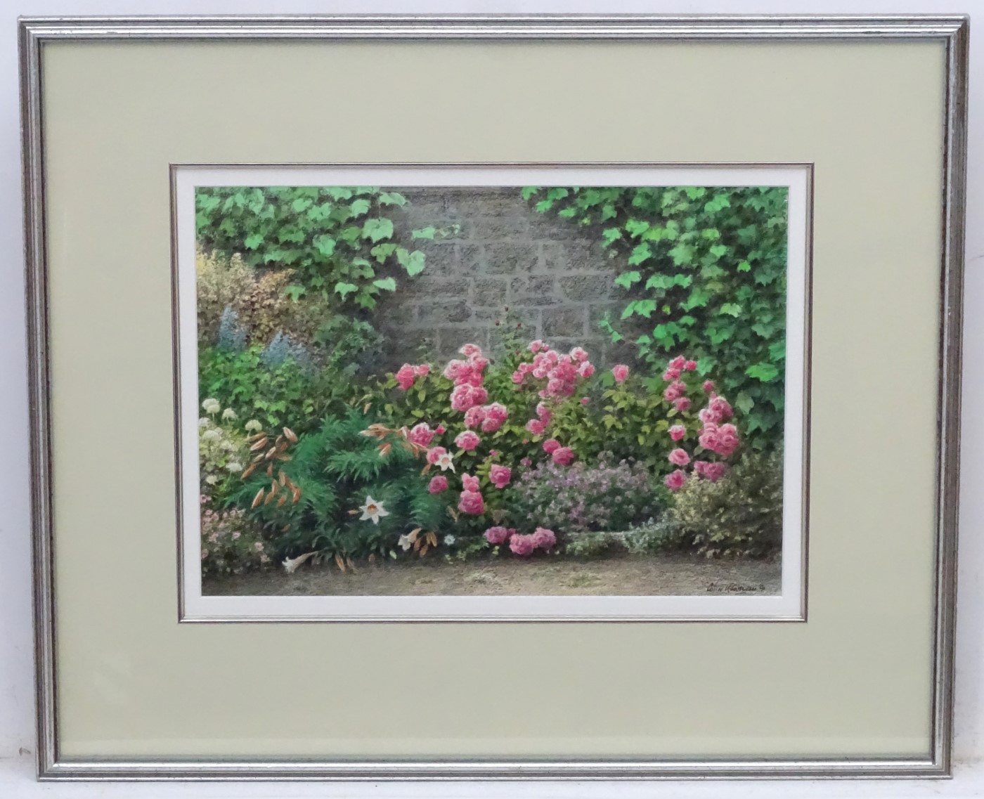 Colin Newman (1991), Watercolour pastel and pencil. Roses and lilies in a flower bed.