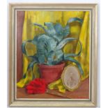 Gil Smith mid XX, Oil on board, ' The Red Duster ' , still life of a cactus in a pot plus duster,
