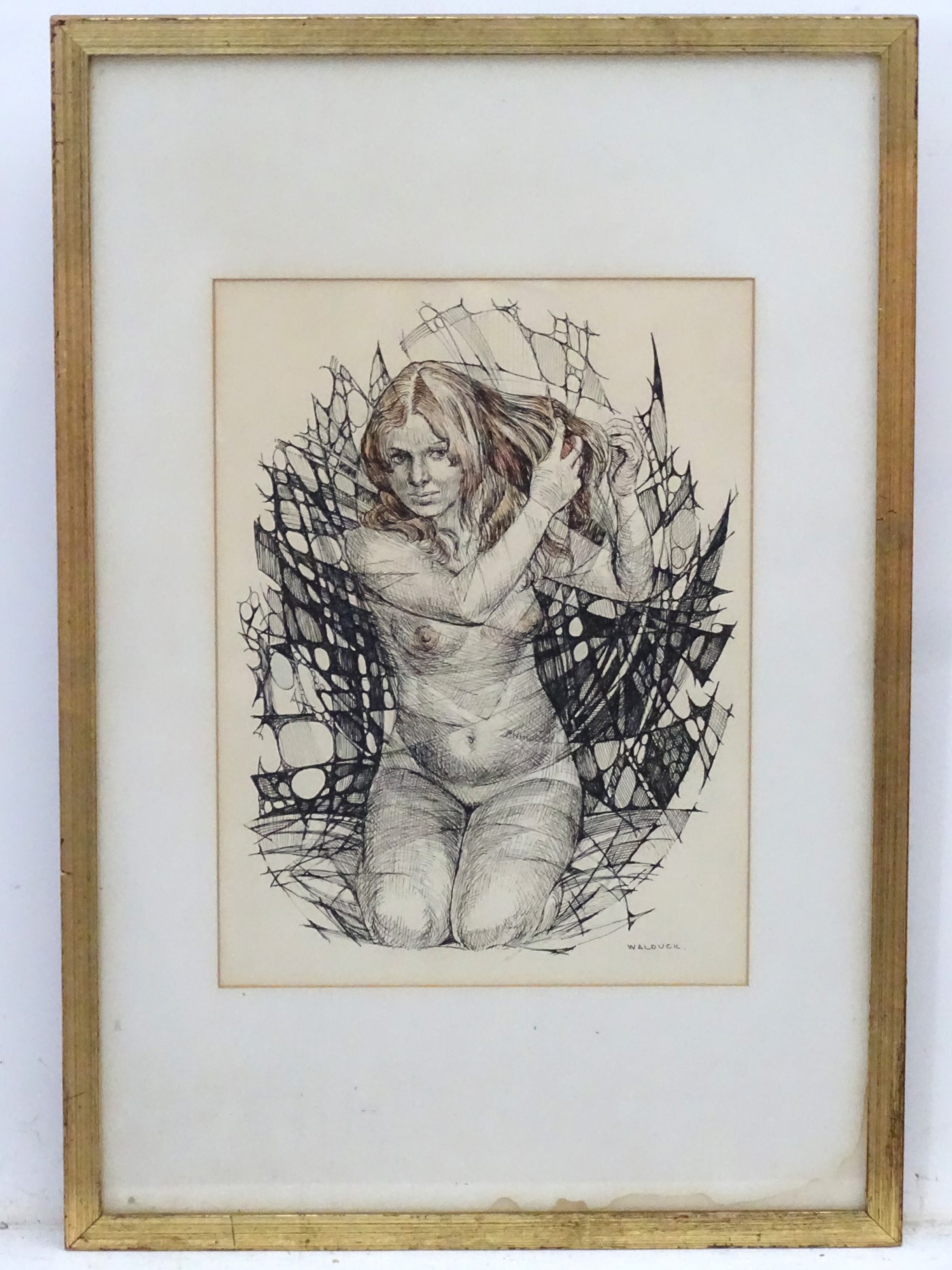 Desmund Eric Walduck (1920-1995), Black and brown pen ink, Kneeling Nude,