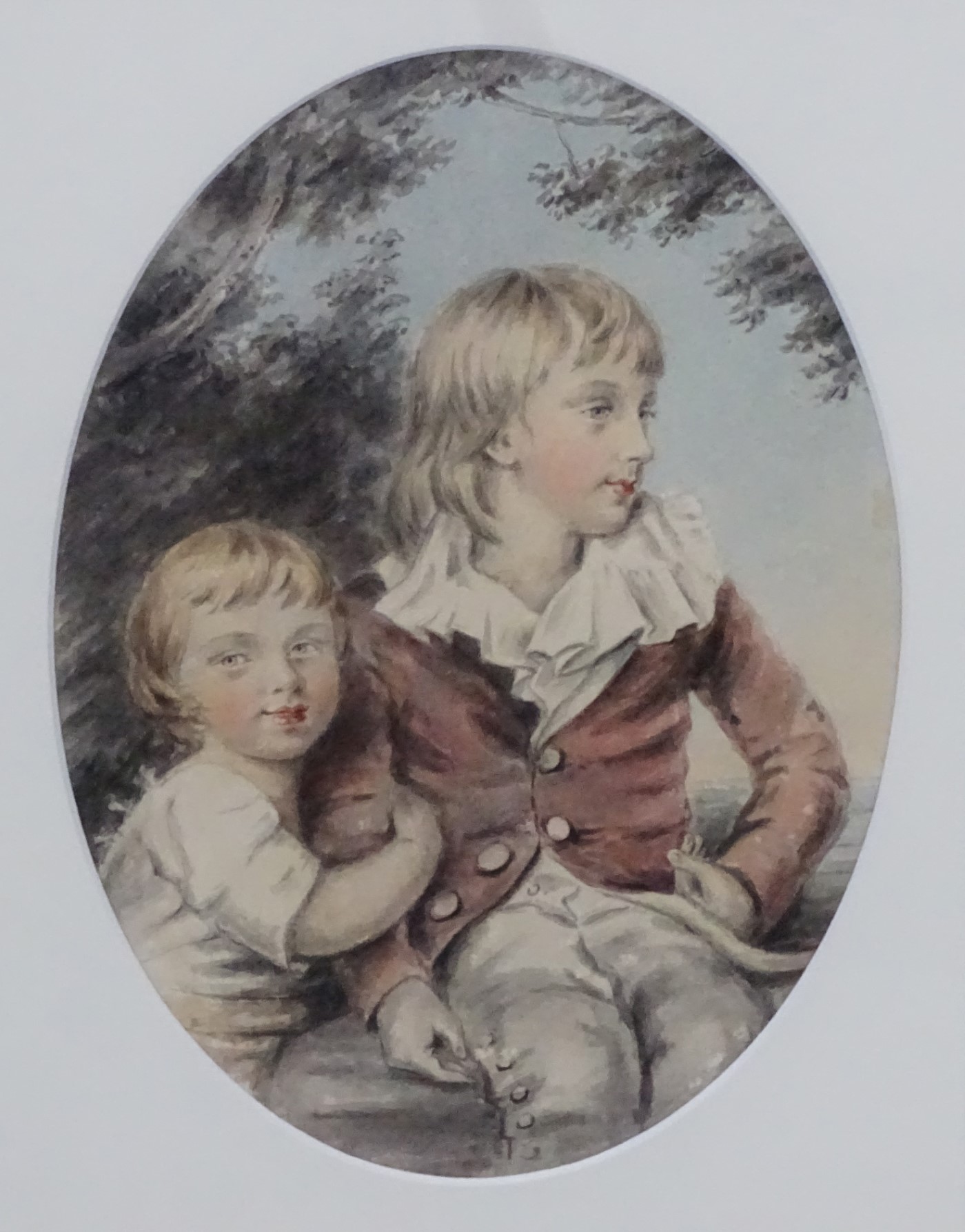 Follower of Joshua Reynolds (XIX) Watercolour - an oval Young boy and his sister 9 1/4" x 6 3/4" - Image 3 of 3
