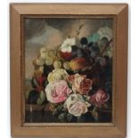 H A Carissa 1867, Oil on canvas laid on board, Still life of flowers on a stone ledge,