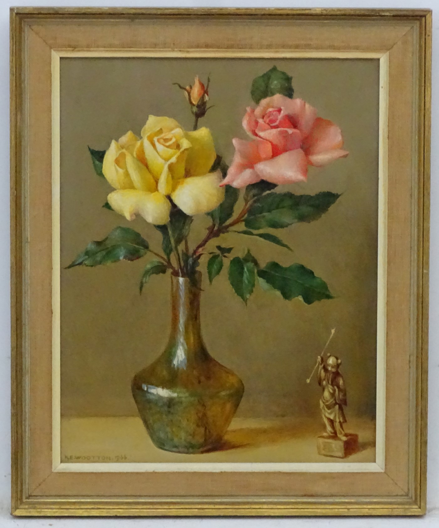 KE Wootton XIX-XX, Oil on board, Still life of roses in a Loetz vase with Okimono, - Image 3 of 5