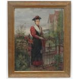 Reinhold Werner (1842-1922) , Watercolour, Lady with umbrella at a front gate,