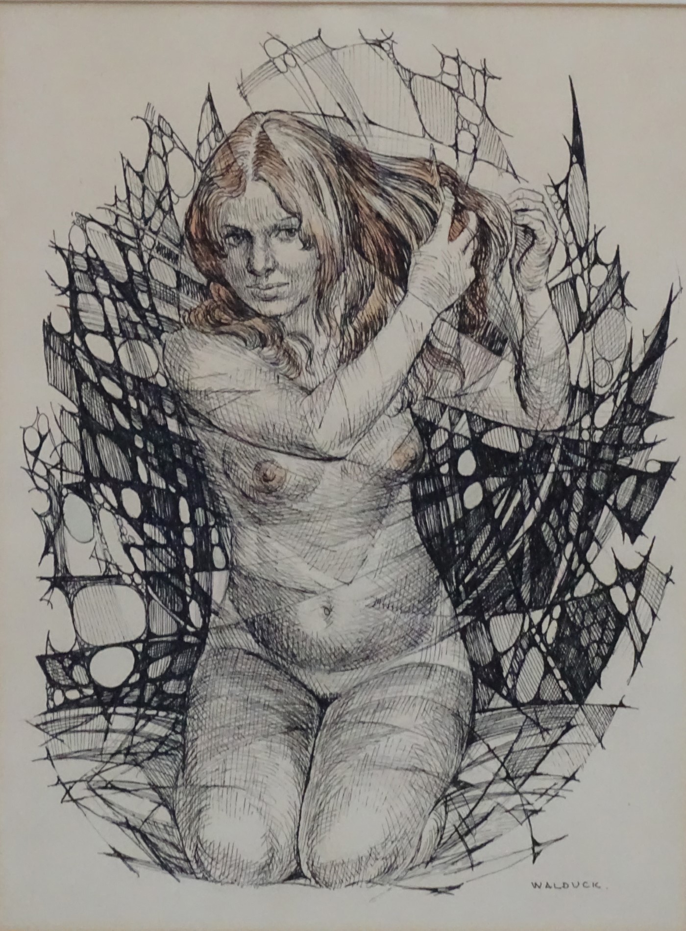 Desmund Eric Walduck (1920-1995), Black and brown pen ink, Kneeling Nude, - Image 3 of 4