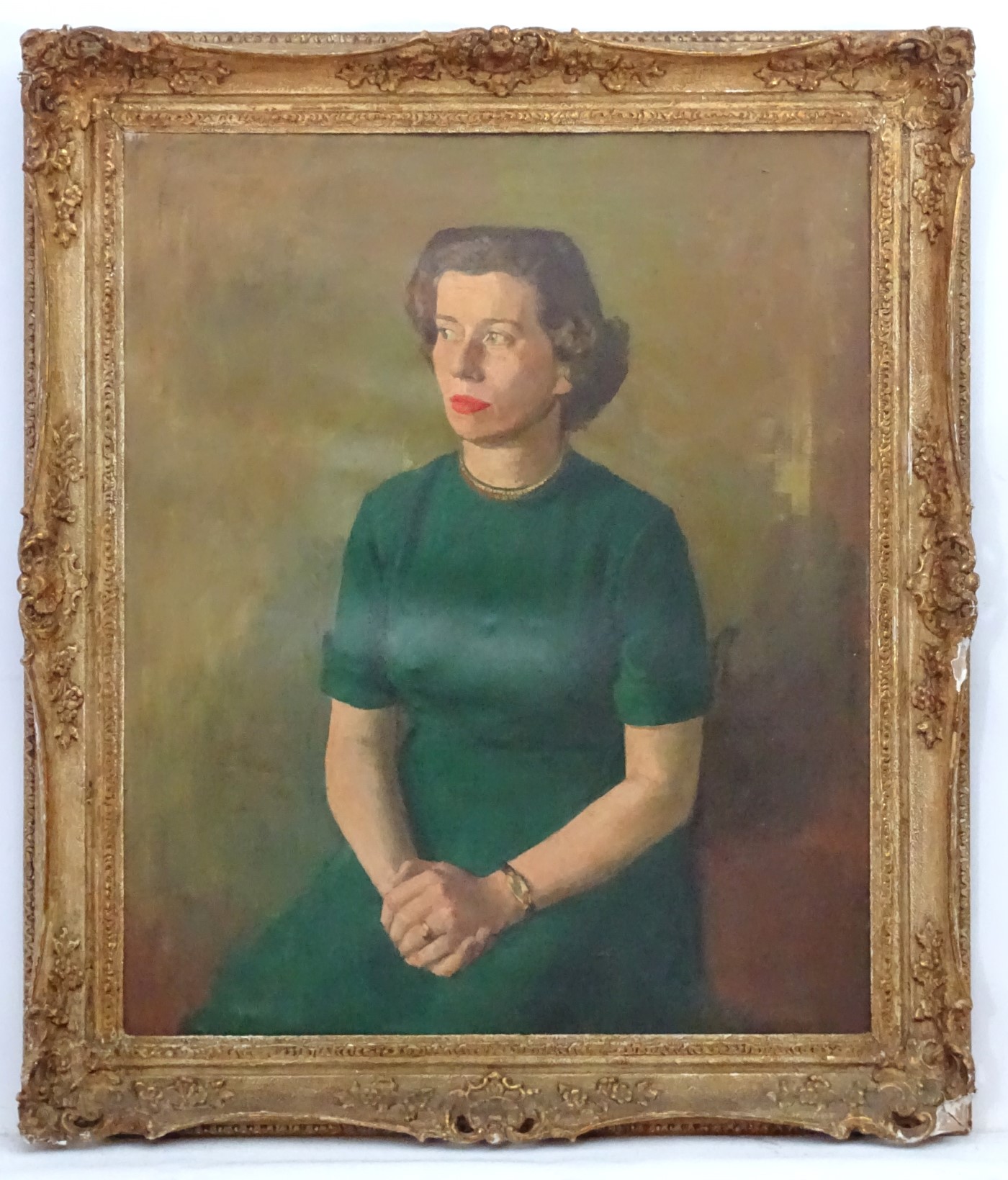 Early XX Portrait Oil on canvas Portrait of a lady wearing a green dress Bears pencil name '