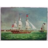 18thC Marine School, Oil on canvas, An XVIII Barque ( Bark ) sailing on the River Thames , London.