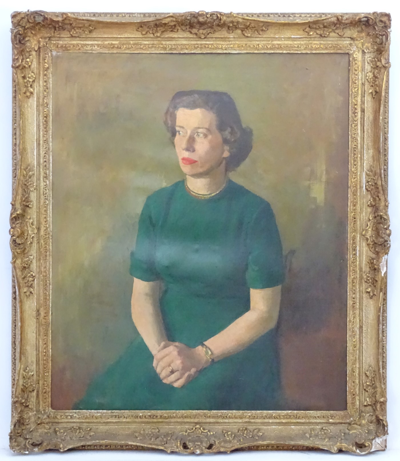 Early XX Portrait Oil on canvas Portrait of a lady wearing a green dress Bears pencil name ' - Image 3 of 4