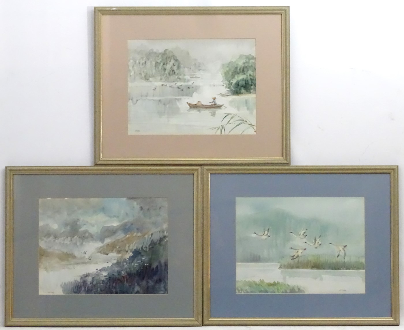 Hoe , Burmese / Singapore XX Set of three watercolours, Landscapes with wildlife,