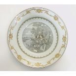 A Chinese Export grisaille plate, hand painted in grisaille and gilt,