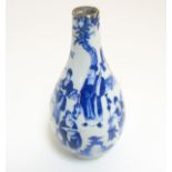 An 18thC Chinese Tianqiu pear-shaped blue and white vase with figures in a pagoda garden setting at