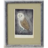 Sarah Chasemore XX, Limited edition coloured etching 14/100, ' Barn Owl ' in the snow, Signed ,