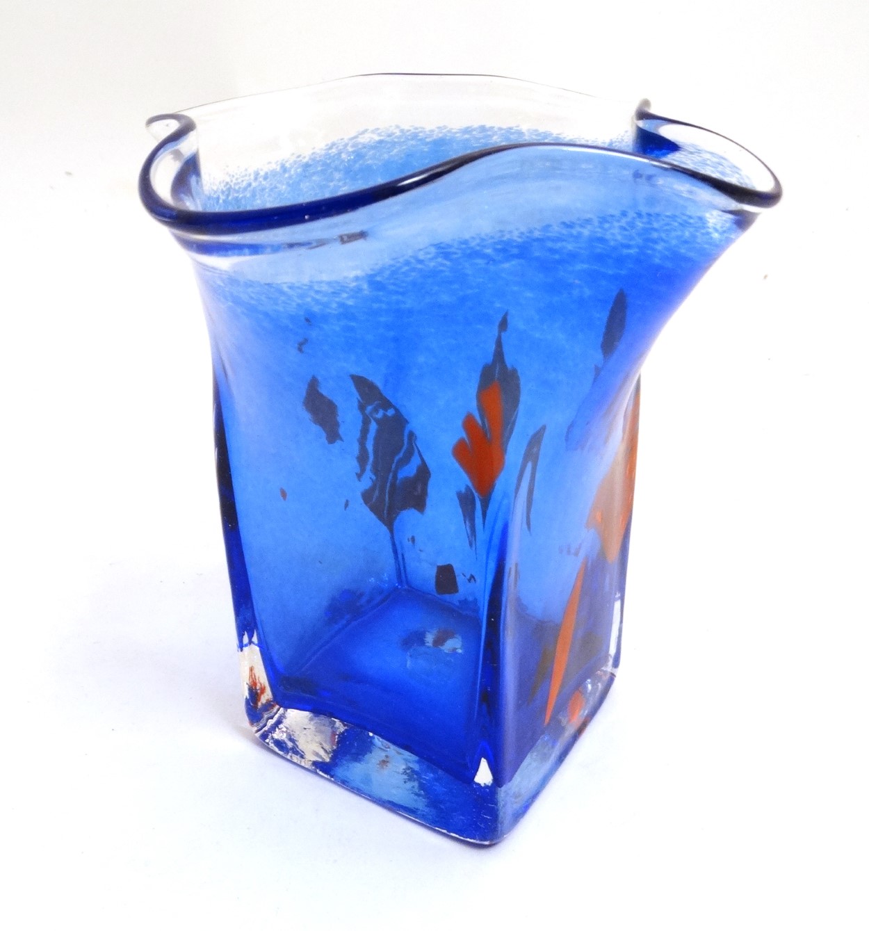 Scandinavian Studio Art glass: A blue squared vase with frilled rim and red detail by Stockholms - Image 5 of 10