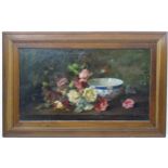English School c 1900, Oil on canvas, Still life of roses and porcelain bowl on table.