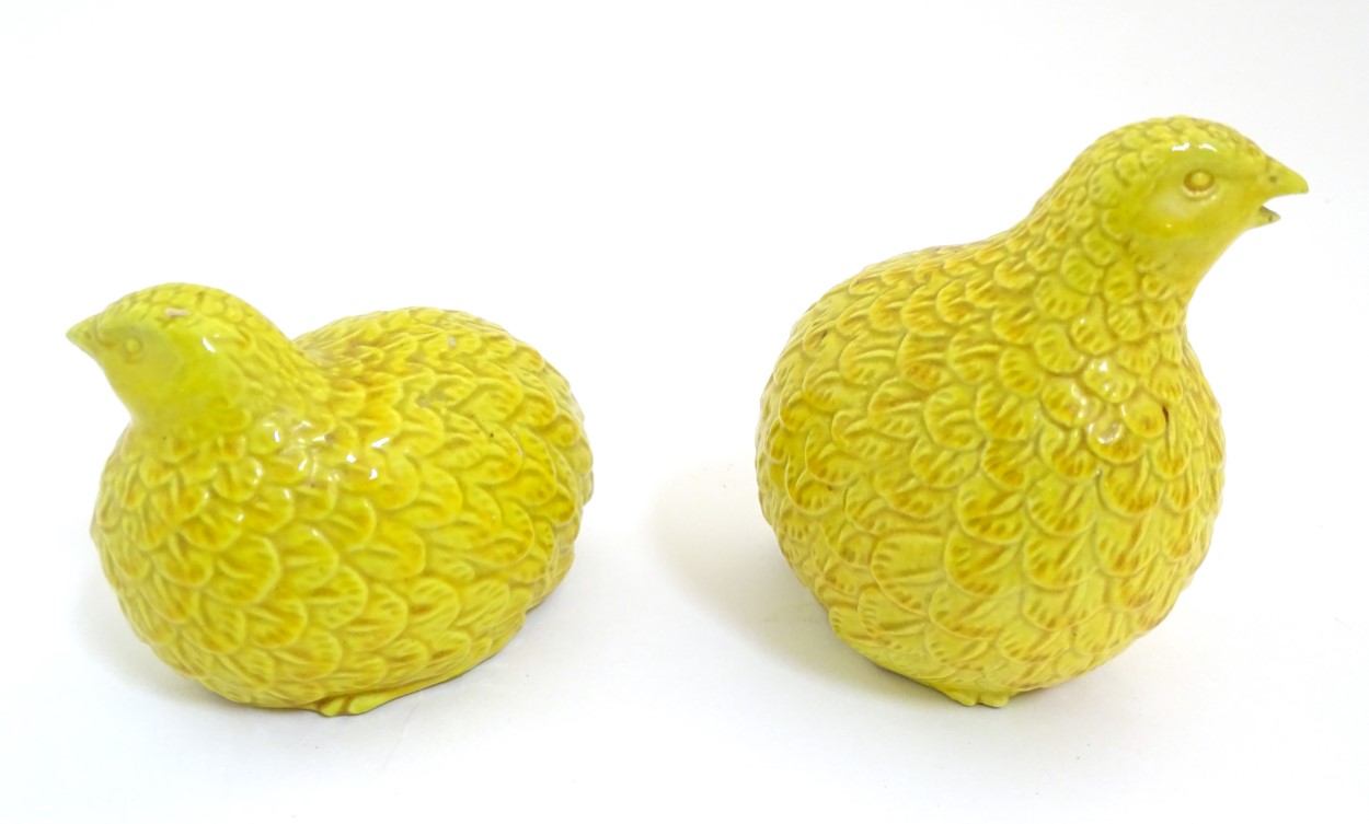 Two oriental yellow quail figures. Height of tallest quail: approx. 4 1/2". - Image 4 of 9