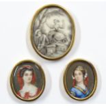 (3) Miniatures : An early XIX Grisalle Rococo oval on ivory, Depicting a girl on a swing and a boy ,