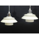 Vintage Retro : a pair of Danish design A/S pendant lamps with white livery and chrome top ,