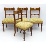 A set of four late 19thC Gothic Revival oak dining chairs in the manner of Pugin with transitional