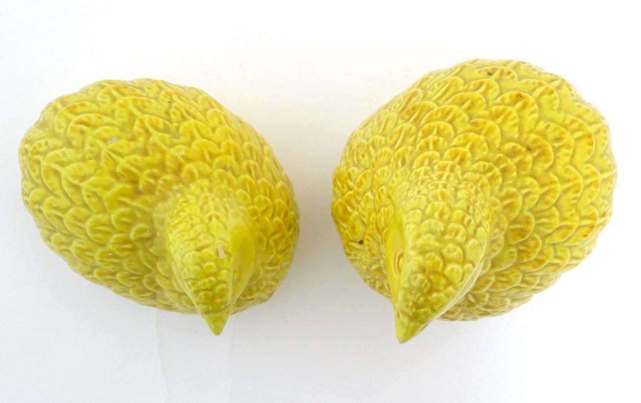 Two oriental yellow quail figures. Height of tallest quail: approx. 4 1/2". - Image 7 of 9