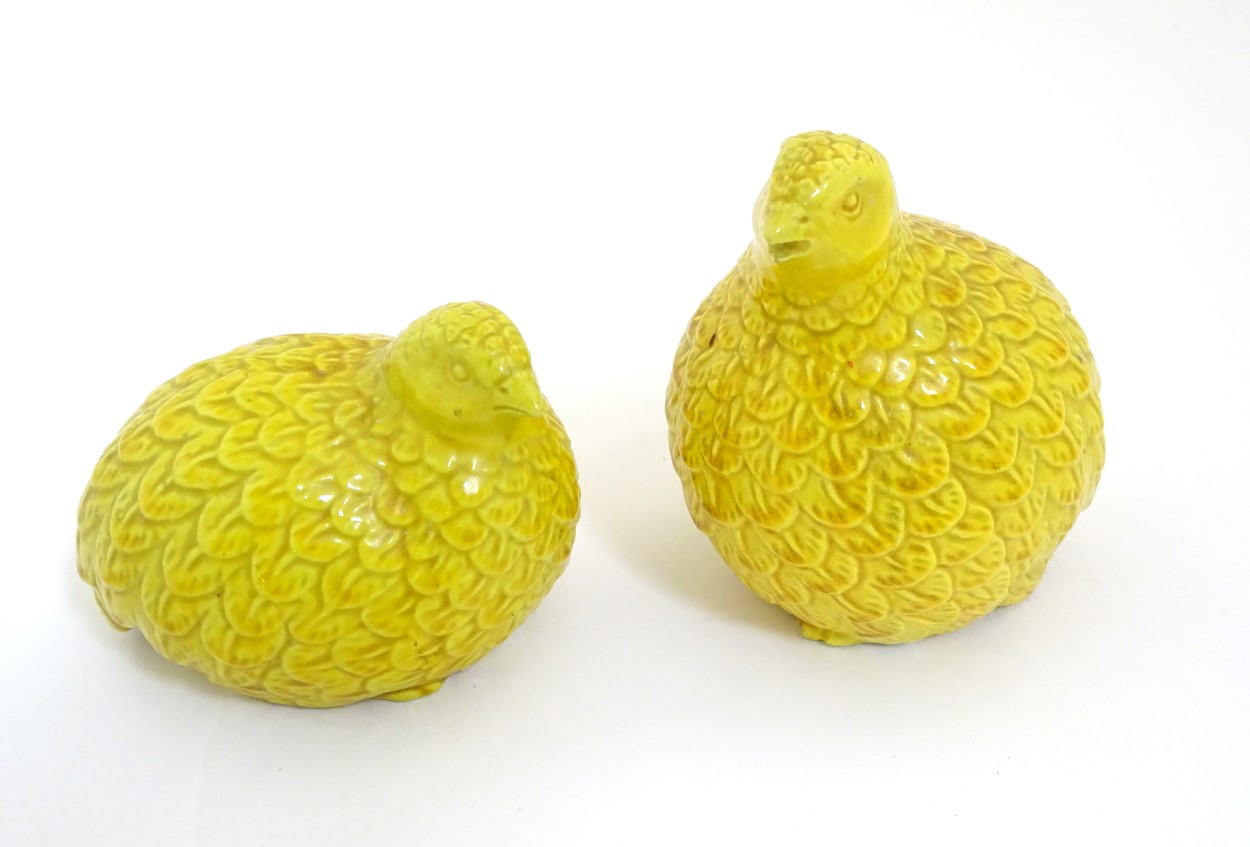 Two oriental yellow quail figures. Height of tallest quail: approx. 4 1/2".
