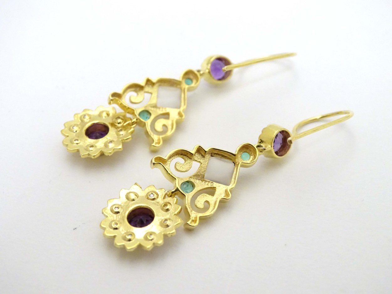 A pair of silver gilt drop earrings set with pearls, purple and green stones. - Image 4 of 4