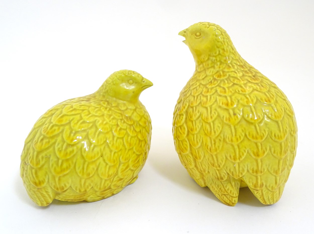 Two oriental yellow quail figures. Height of tallest quail: approx. 4 1/2". - Image 6 of 9