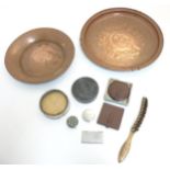 A mix lot to include copper tray, hat brush, leather compacts , snuff box ,