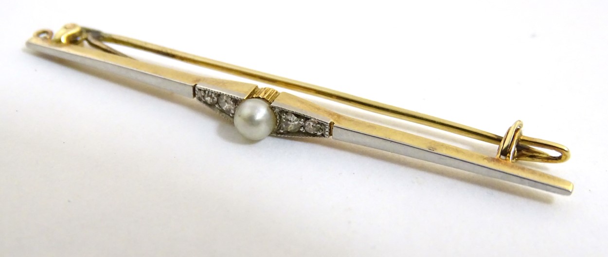 A yellow and white metal bar brooch set with central pearl flanked by diamonds. - Image 5 of 8