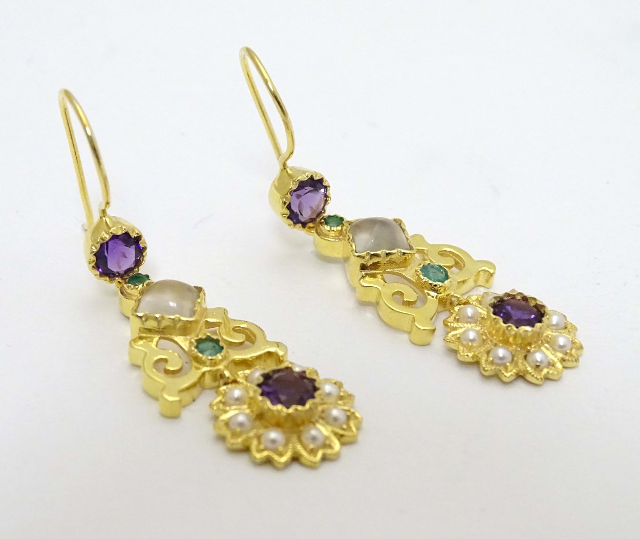 A pair of silver gilt drop earrings set with pearls, purple and green stones. - Image 3 of 4