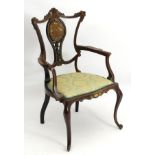 Edwardian inlaid chair : An American Black Walnut open armchair with damask silk upholstered seat ,